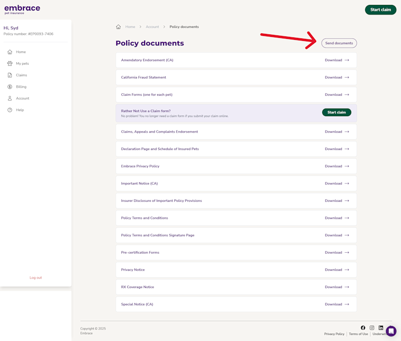 Screenshot from the Embrace portal showing the send documents button.