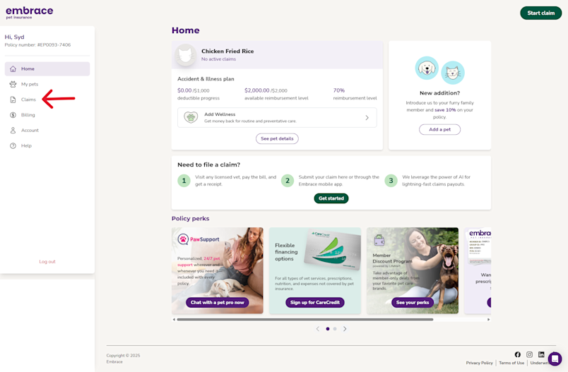 A screenshot from the Embrace portal showing the claims button
