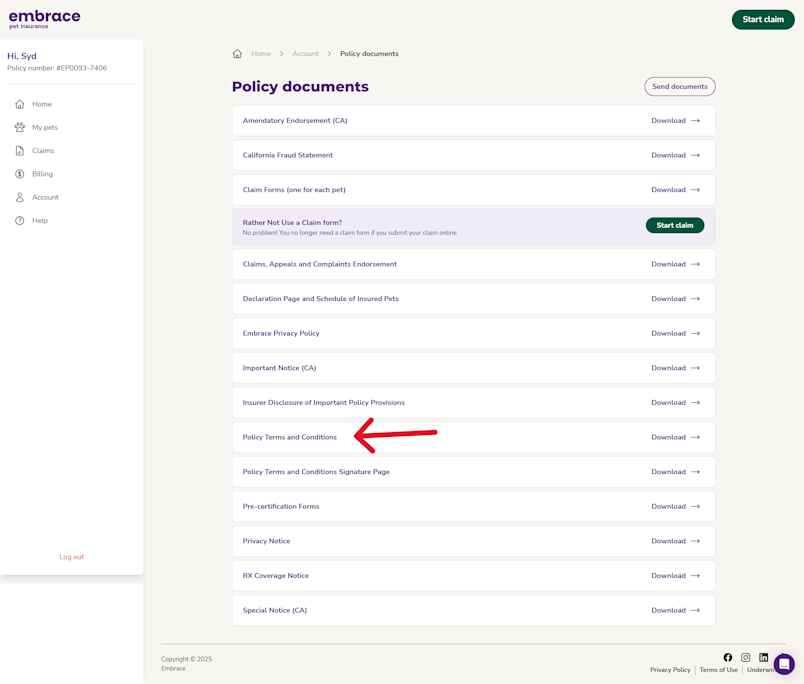 A screenshot from the Embrace portal showing the location of the Policy and Terms document.