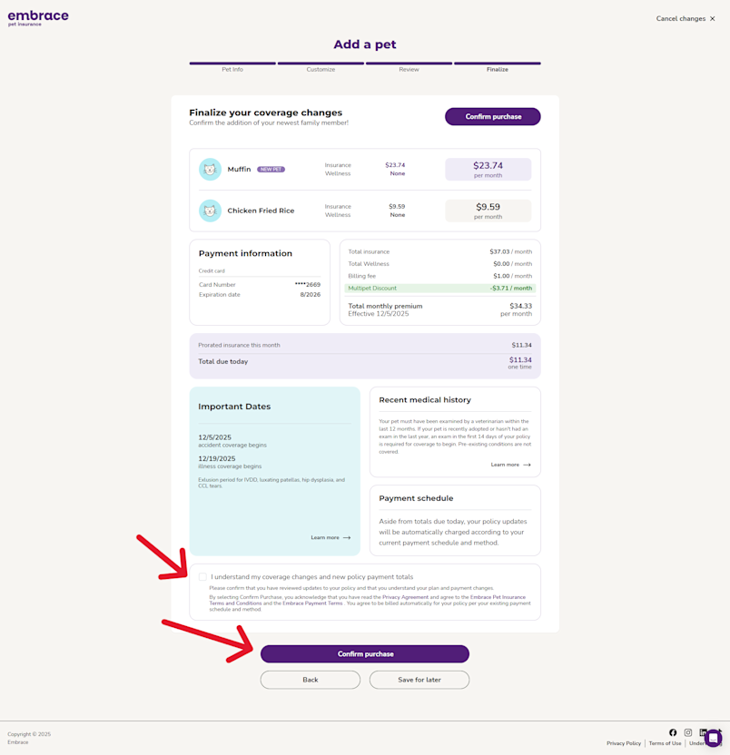 A screenshot of the Embrace portal showing the Confirm purchase button