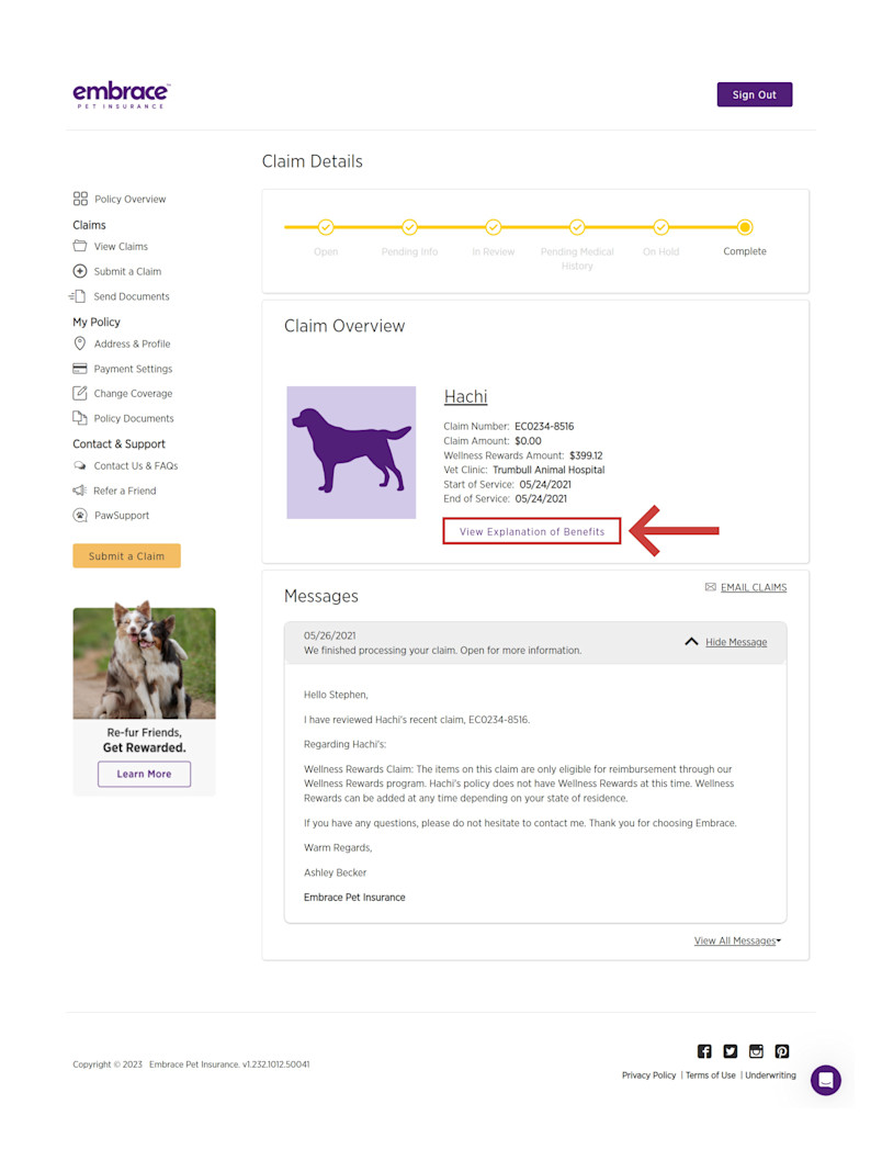 Select 'View Explanation of Benefits' in the Claim Overview section of the Claim details page.