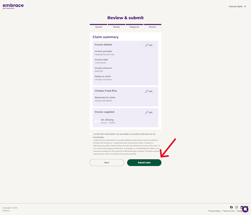 Screenshot from the Embrace portal showing the screen for reviewing your claim.