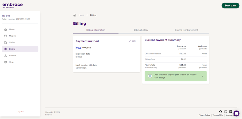 Screenshot from the billing section of Embrace's portal
