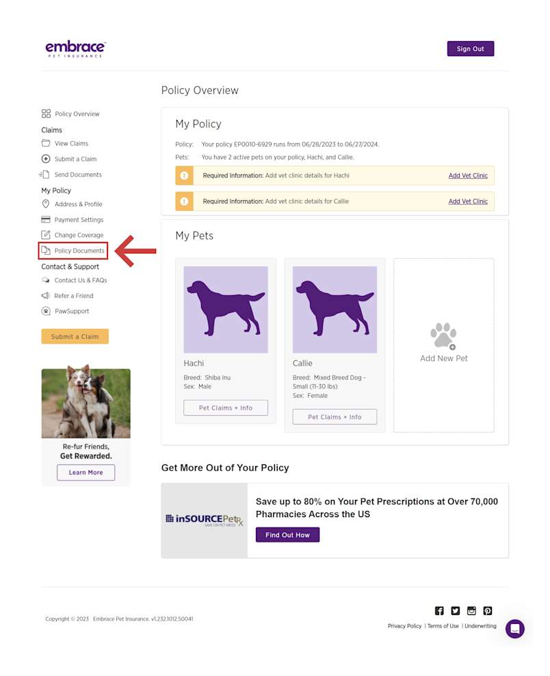 Step 1 of Finding the Embrace Policy Terms and Conditions is to click on the Policy Documents found on the left side of the Policy Overview.