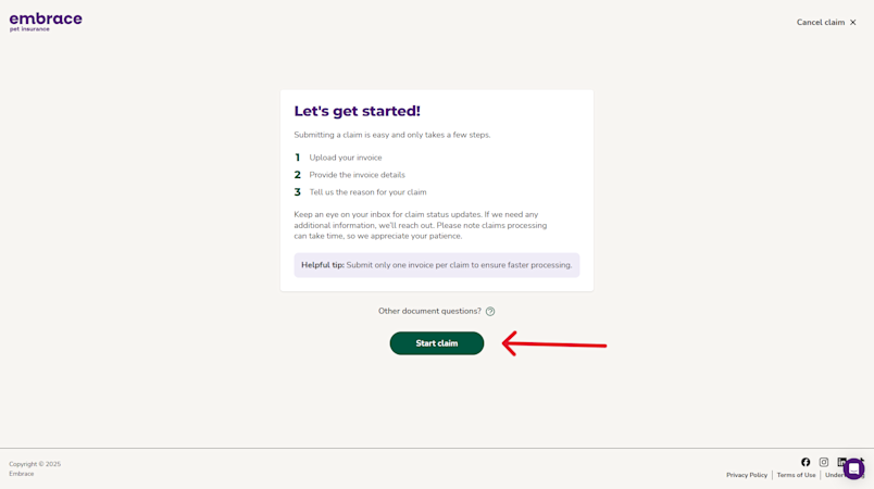 A screenshot from the Embrace portal showing the start claim button.