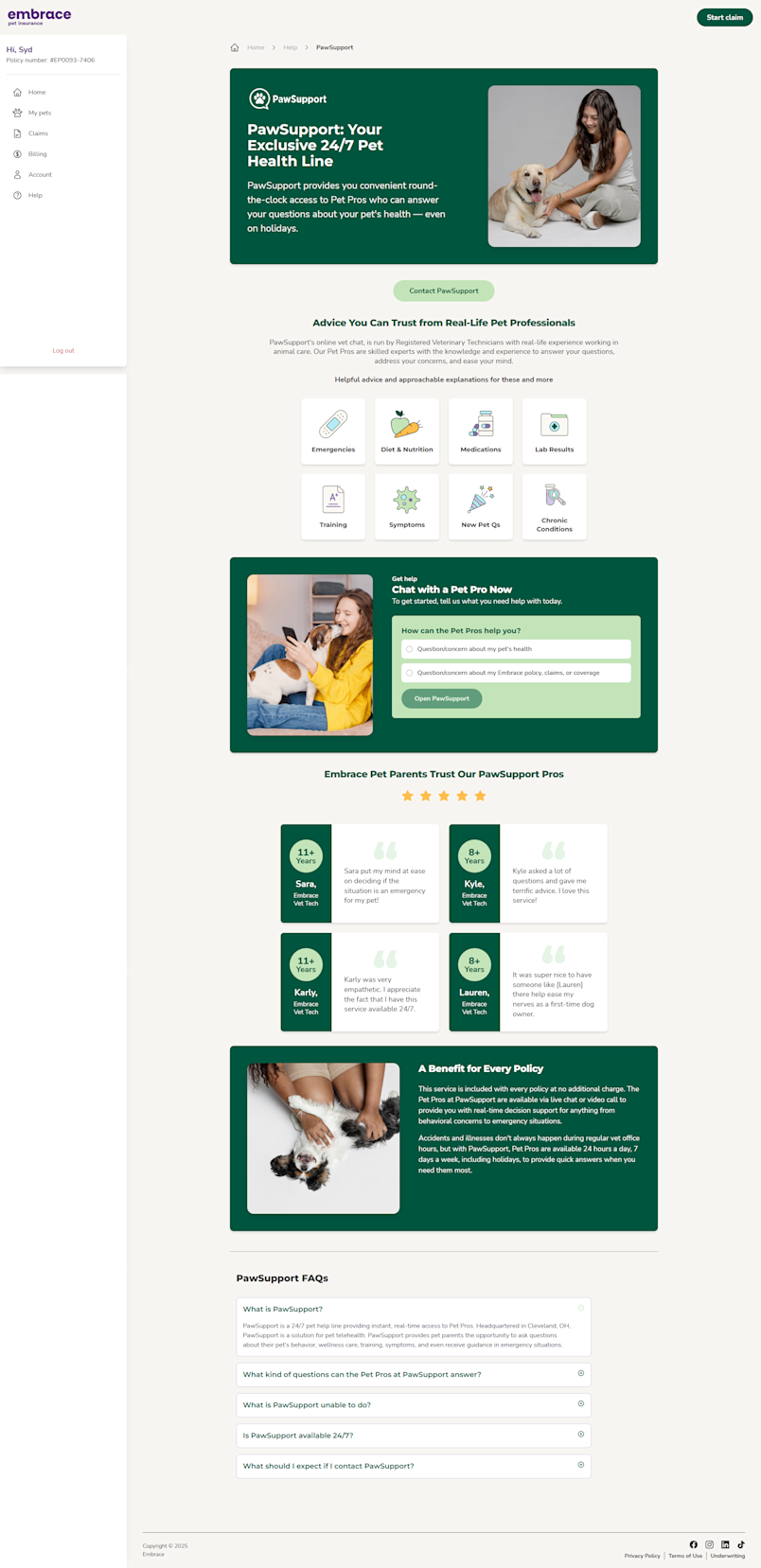 A screenshot from the Embrace Pet Insurance Portal demonstrating the appearance of the page featuring PawSupport.
