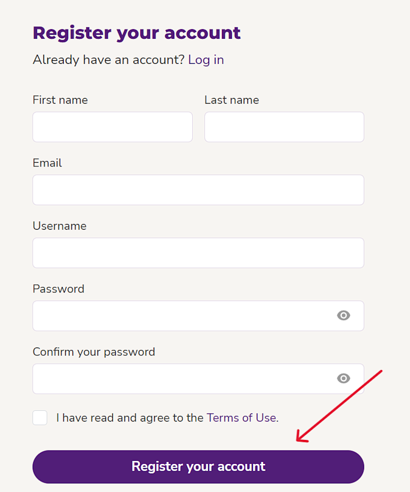 Screenshot from the Embrace portal showing the Register your account button.