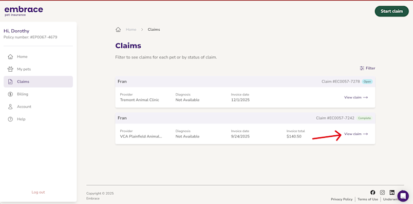 A screenshot from the Embrace portal showing the view claims button