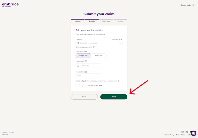 A screenshot from the Embrace portal showing the form to upload claims.