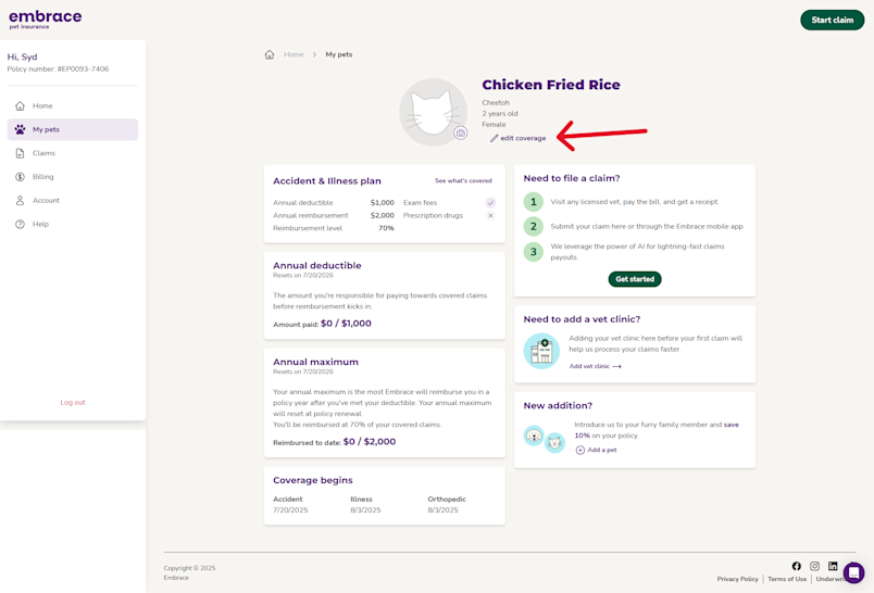 A screenshot from Embrace's portal showing the edit coverage link