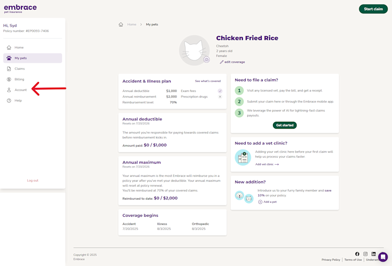 A screenshot from the Embrace portal showing the Account button.