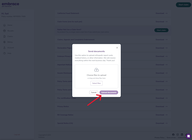 Screenshot from the Embrace portal showing the upload documents button.