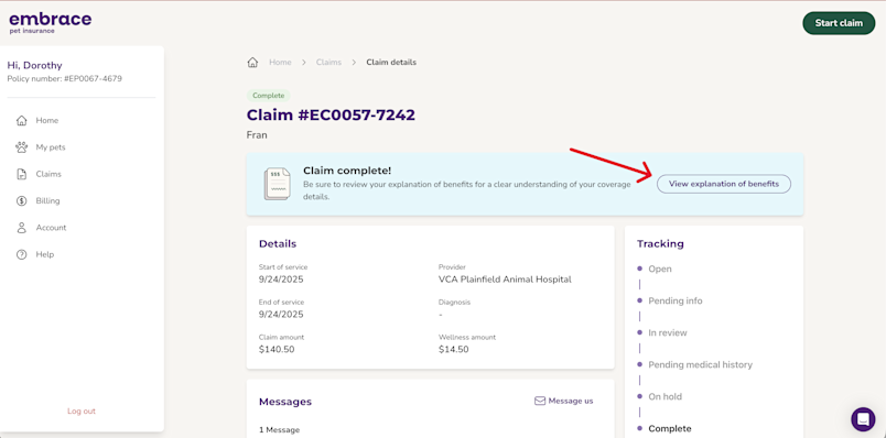 A screenshot from the Embrace customer portal showing the view explanation of benefits button