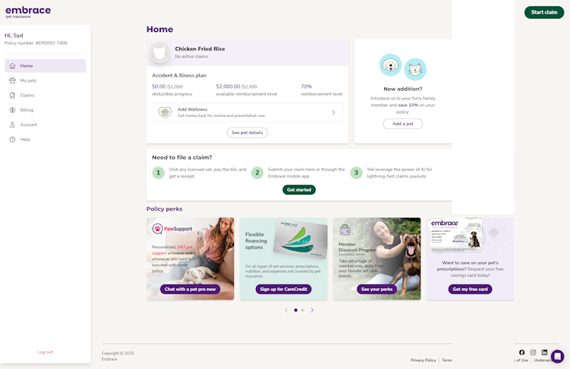Screenshot showing the MyEmbrace Portal homepage