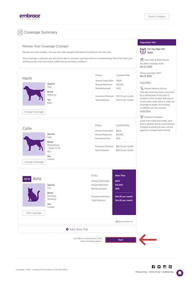 Embrace Pet Insurance coverage summary screen showing plan details for three pets, Hachi, Callie, and Bella, with options to edit coverage. A 'Next' button is highlighted for finalizing updates.