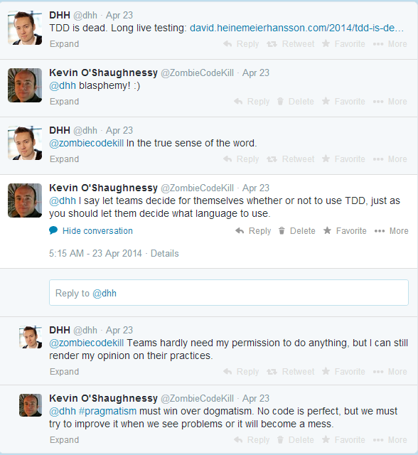 Tweets from DHH about test driven development Tweets from DHH about test driven development