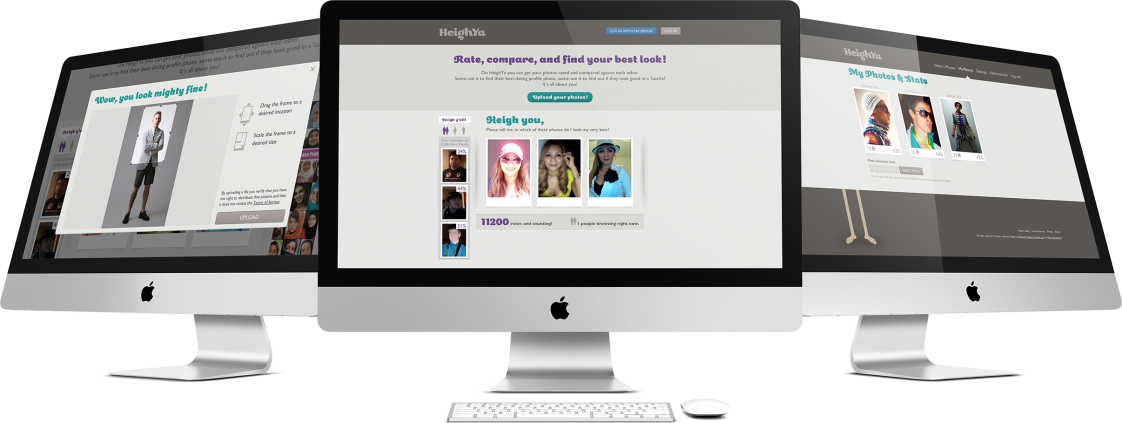 HeighYa image voting site displayed on three iMac screens