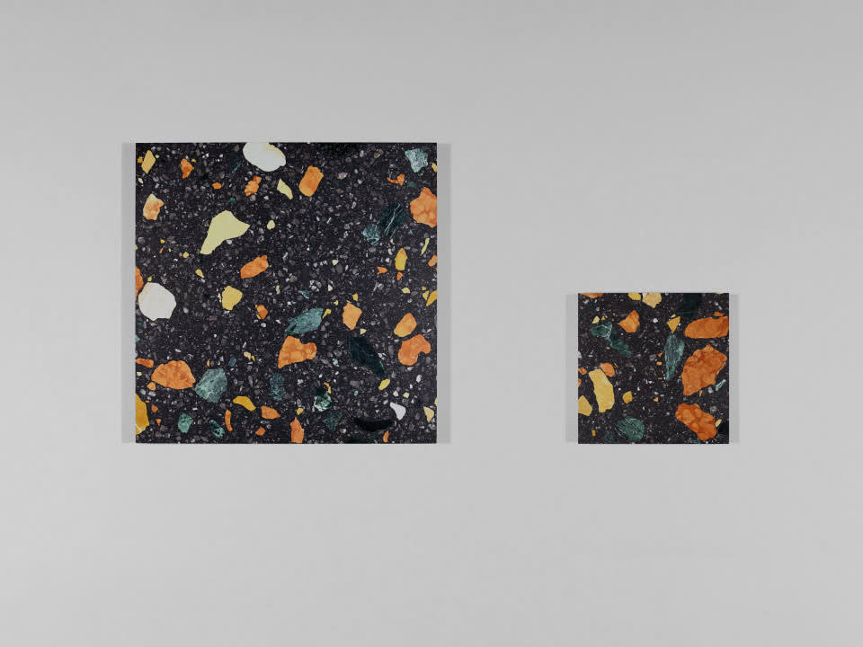 MARMOREAL BLACK TILES IN TWO SIZES, 600 ✕ 600MM AND 300 ✕ 300MM.