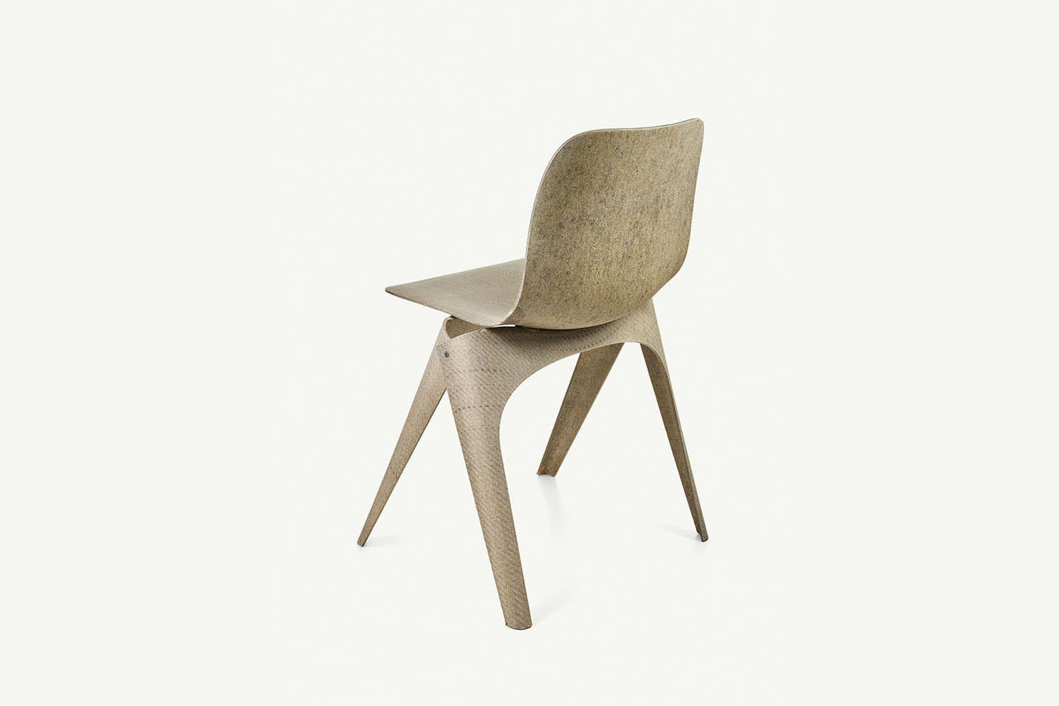 Initiated by Label/Breed, Meindertsma collaborated with natural fibre specialist Enkev to develop a new four layer composite of woven and dry-needle felted flax that could be made into rigid products such as this Flax Chair, 2015.