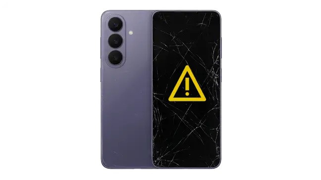 Samsung smartphone with a cracked screen and warning symbol