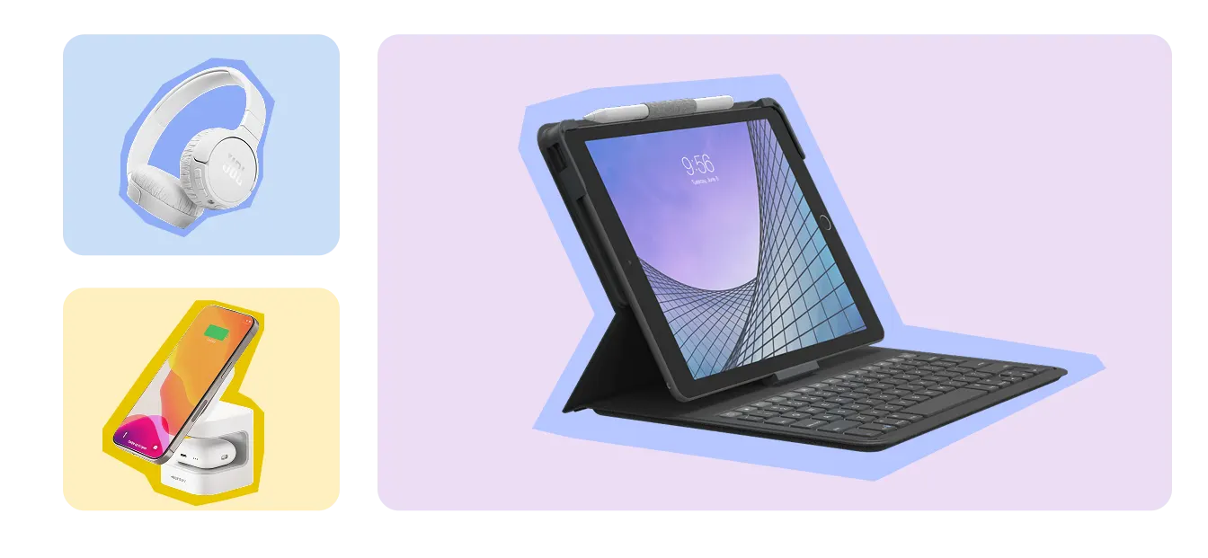 headphones, phone and laptop