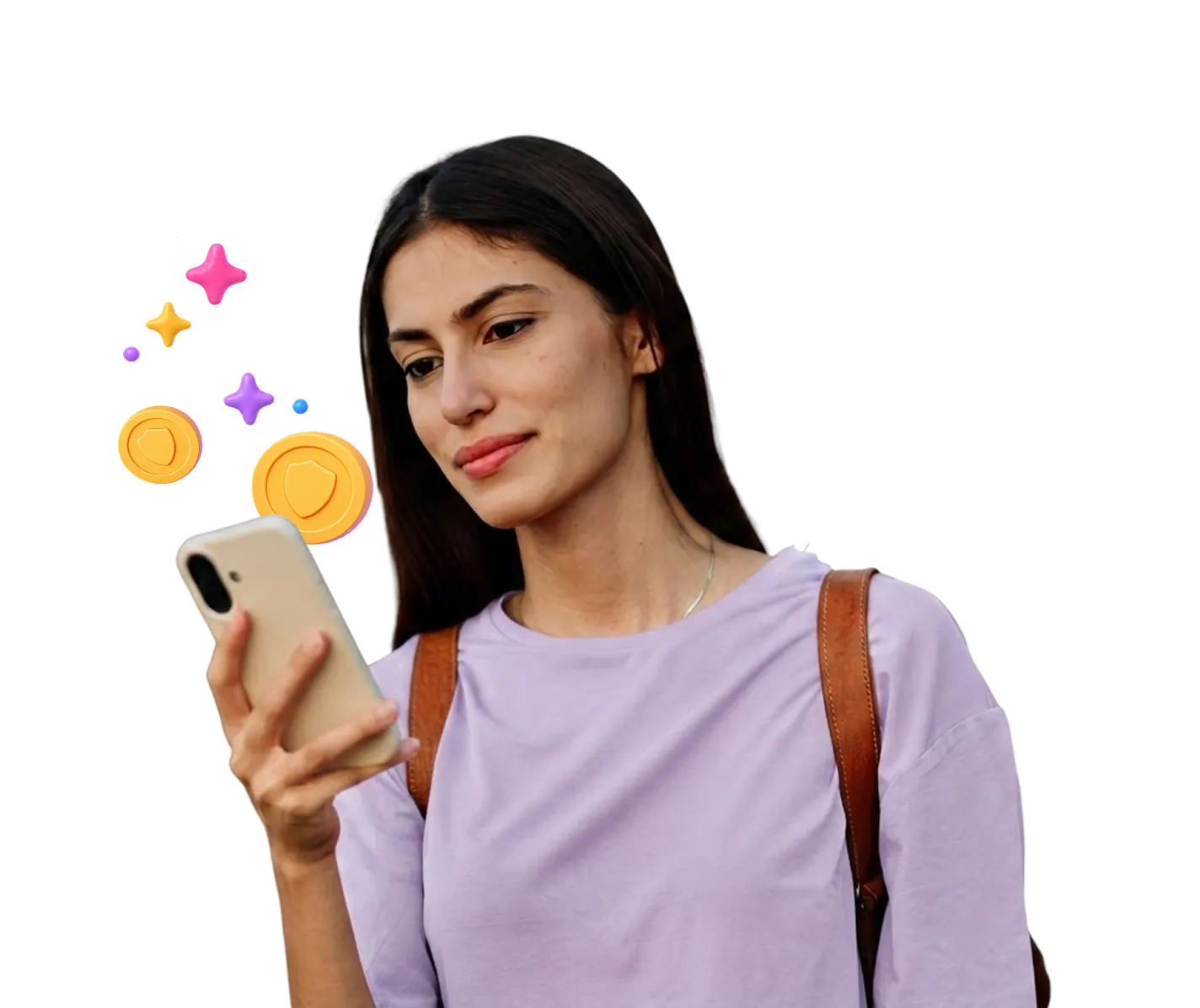 Woman using a smartphone with protection-themed reward icons