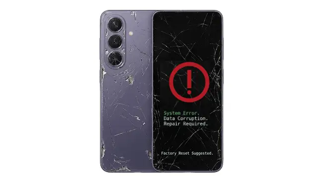 Severely damaged Samsung smartphone displaying a system error