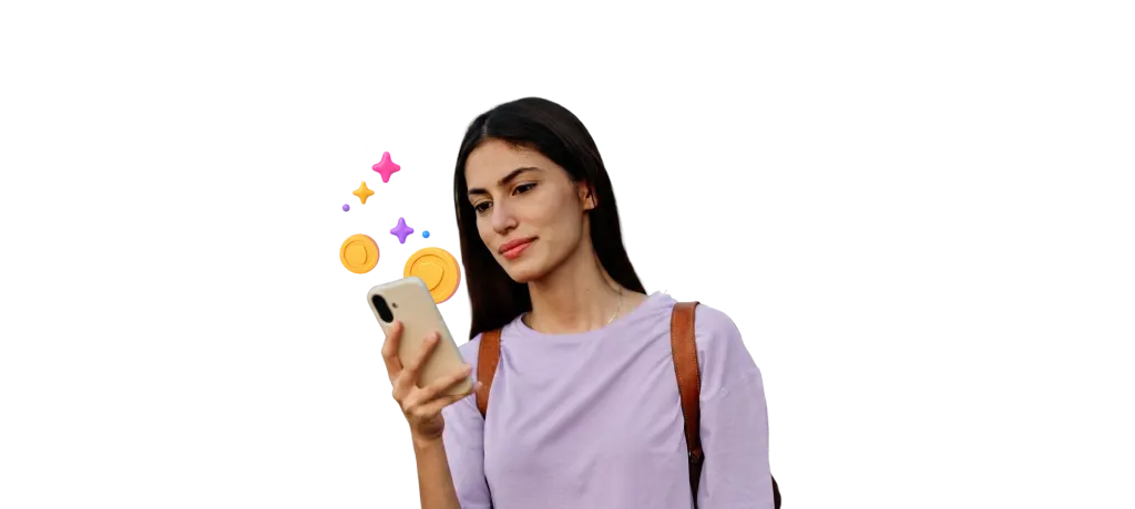 Woman using a smartphone with protection-themed reward icons