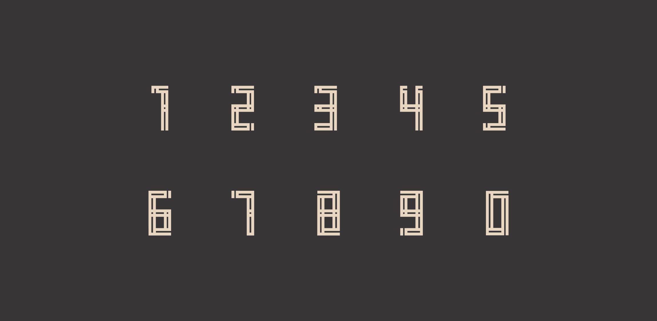 Alle cijfers opgebouwd als een houten constructie naast elkaar.