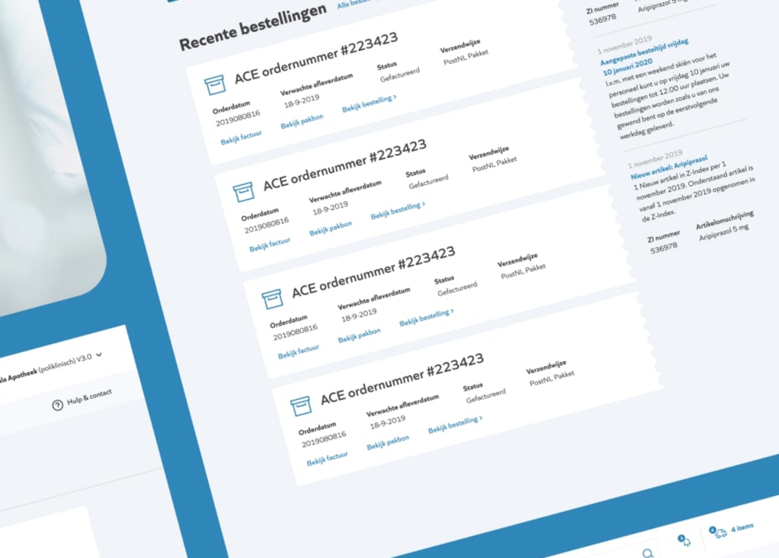 Een pagina van de Ace website staat open op een witte laptop en staat op een blauwe achtergrond