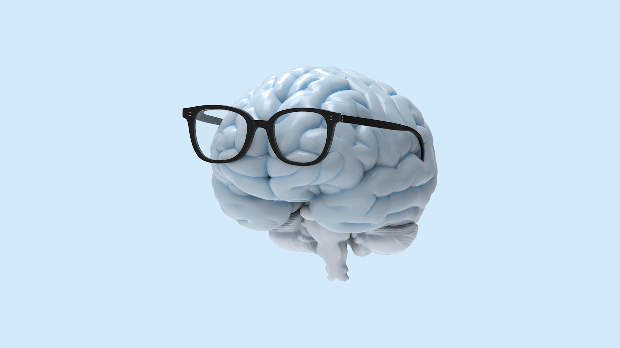 Een brein draagt een bril, lichtblauwe kleuren.