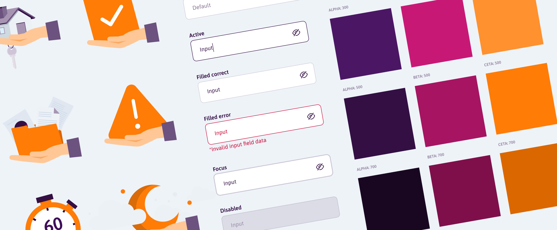 Een deel van een design system, waaronder illustraties, input elementen en de kleuren.