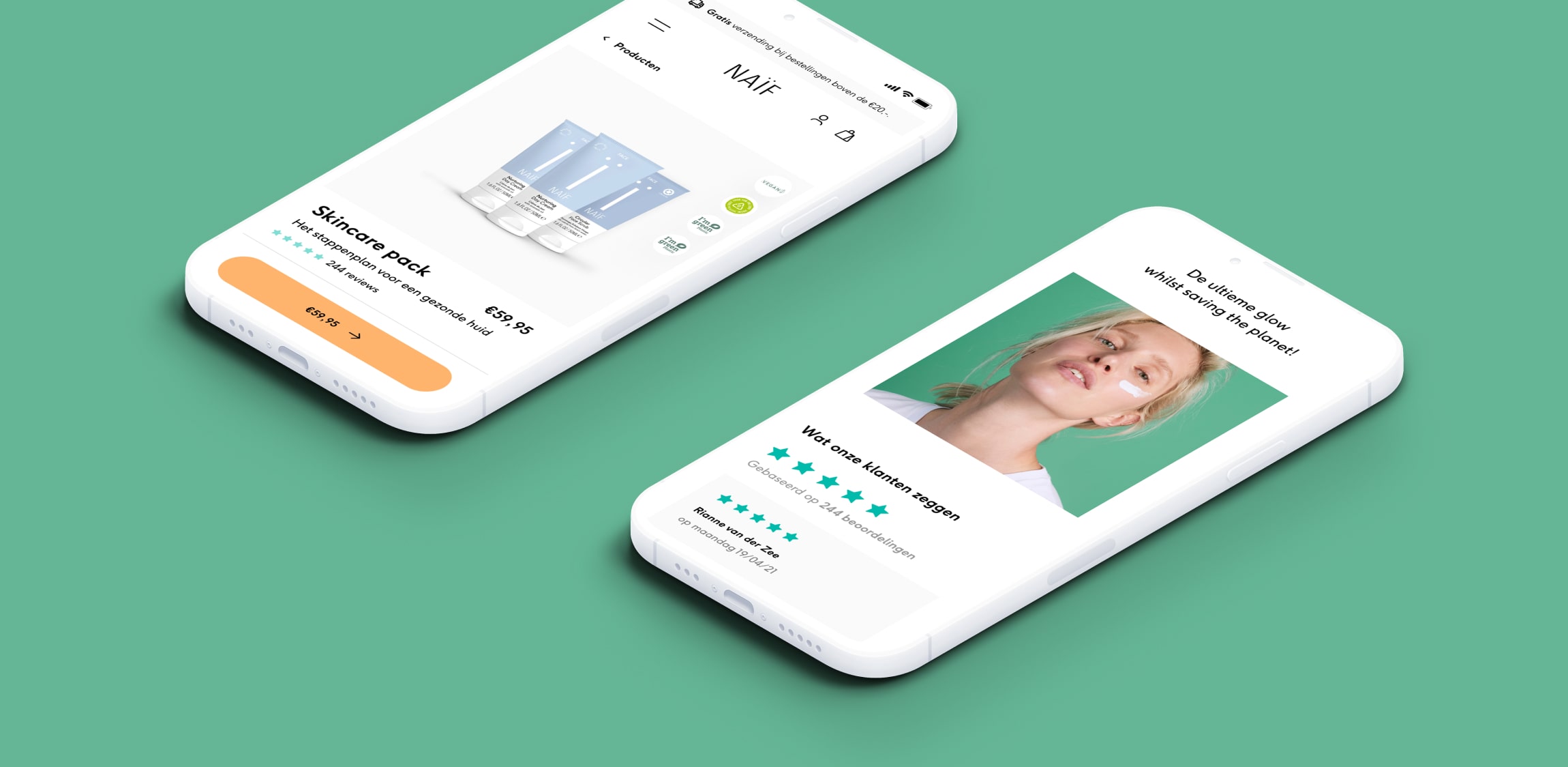 Twee pagina's van Naif uitgelicht op een smartphone die liggen op een groene achtergrond