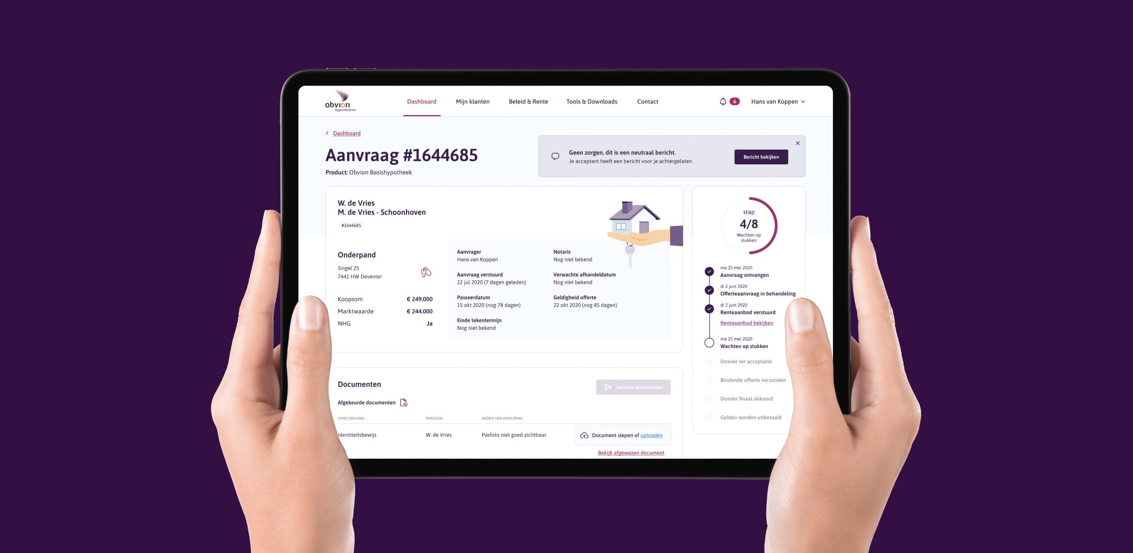 De aanvraag pagina getoond op een tablet