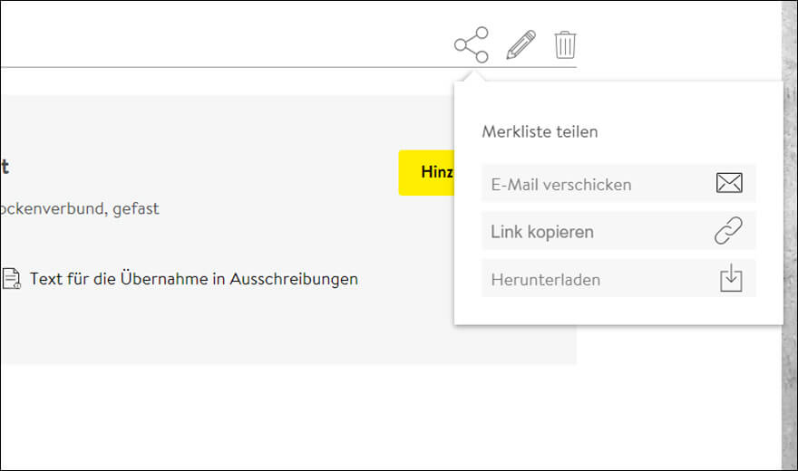 Merkliste teilen Screenshot Funktion Merkliste teilen