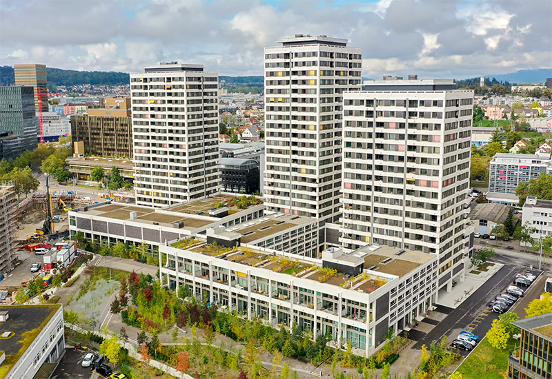 Luftaufnahme der Überbauung WolkenWerk in Zürich