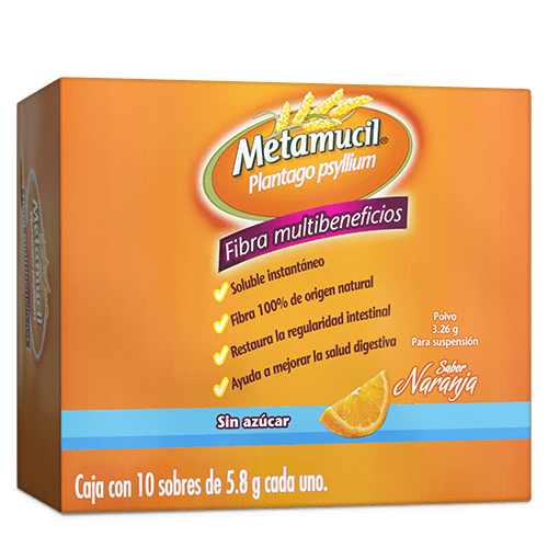 Parte frontal de empaque Metamucil Sabor Naranja en sobre