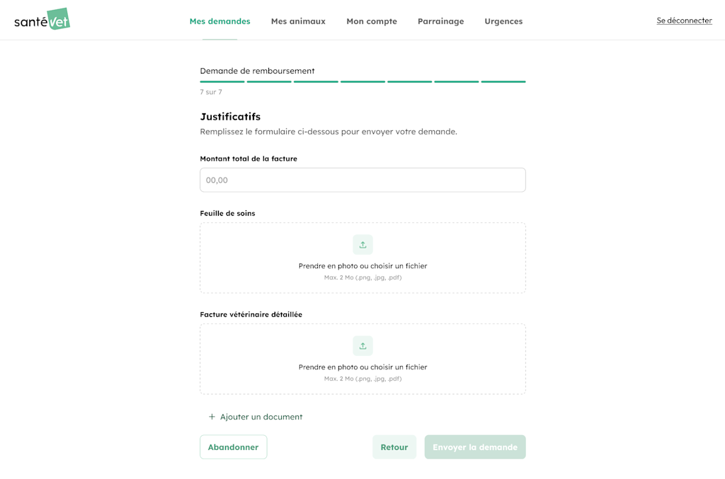 Envoyer une demande de remboursement - Etape 7 Justificatifs FDS et facture