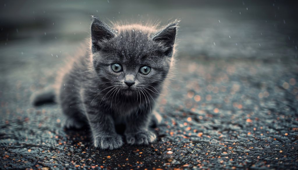 chaton gris sous la pluie