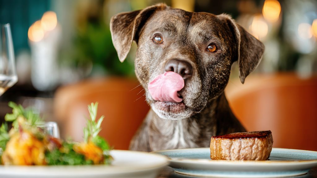Chien qui mange de la viande