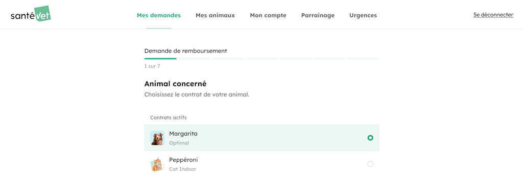 Envoyer une demande de remboursement - Etape 1 Choix de l-animal concerné