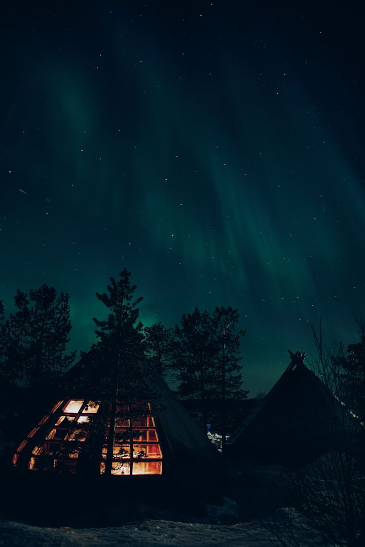 Huts at night and a starry sky