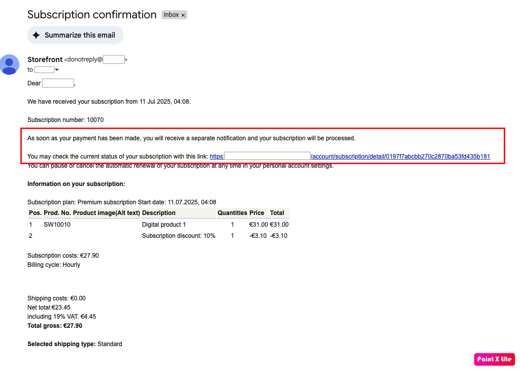 Subscription failed email