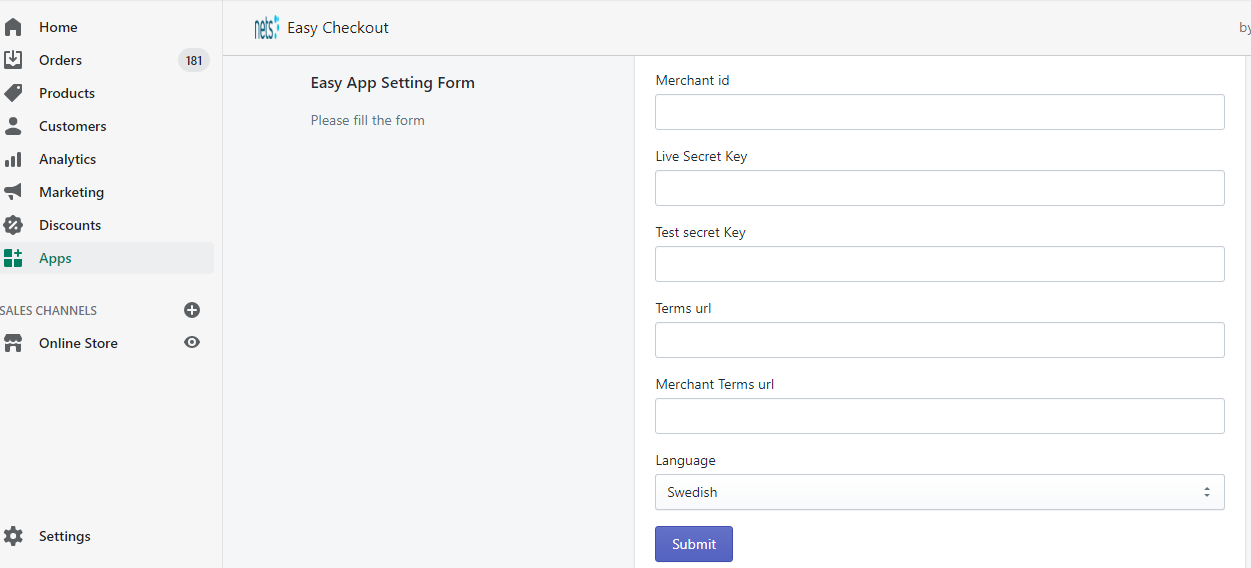 Nets Easy settings Shopify