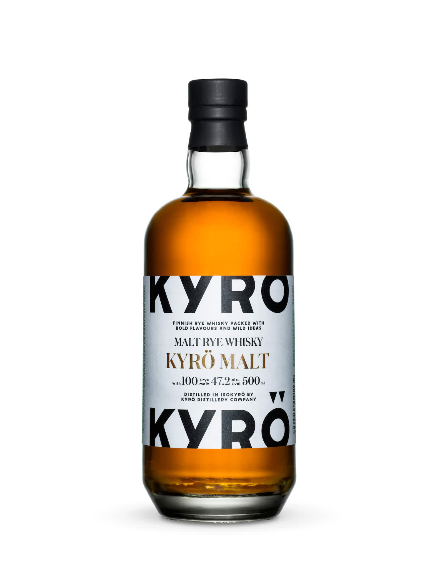 Product photo: 0,5 l bottle of award-winning, Finnish rye whisky from Kyrö Distillery Company.