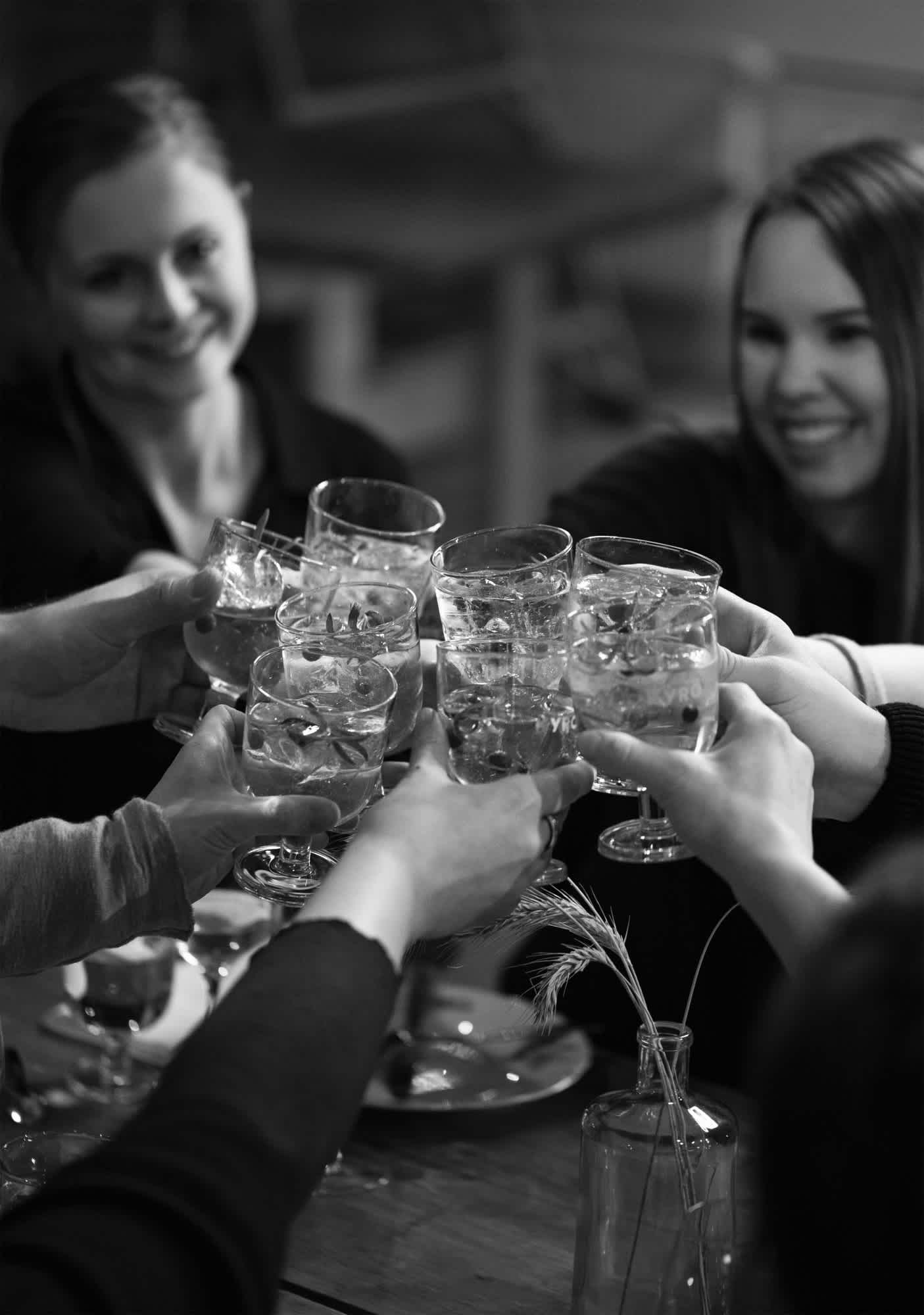 People raising cocktail glasses to toast.