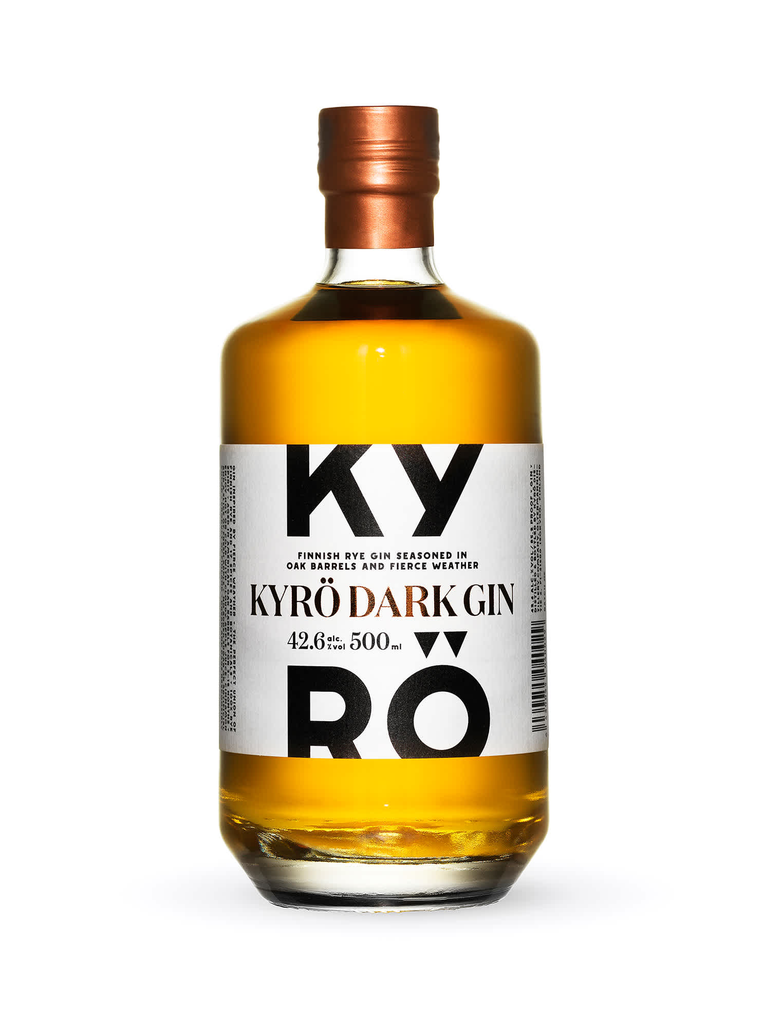 Product photo: a 500ml clear bottle of Kyrö Gin, which is a dark, nutty brown, made by the Kyrö Distillery Company in Isokyrö, Finland. 