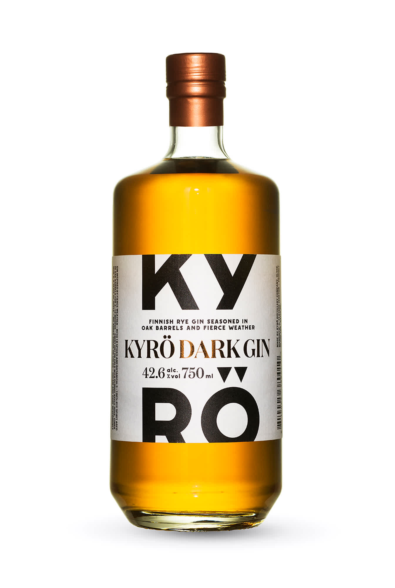 750 ml pullo palkittua tynnyrikypsytettyä Kyrö Dark Giniä, joka aiemmin tunnettiin Koskue-nimellään.