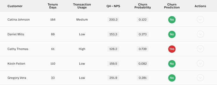 A dashboard showing user NPS scores and retention likelihood.