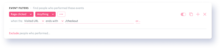 Search for Rage Clicks in FullStory and narrow your search by adding a URL parameter.